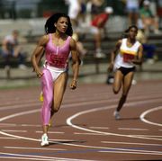 indianapolis, in   july 1988 florence griffith joyner competes during the 200m at the 1988 us track and field olympic trials in indianapolis, indiana photo by focus on sportgetty images